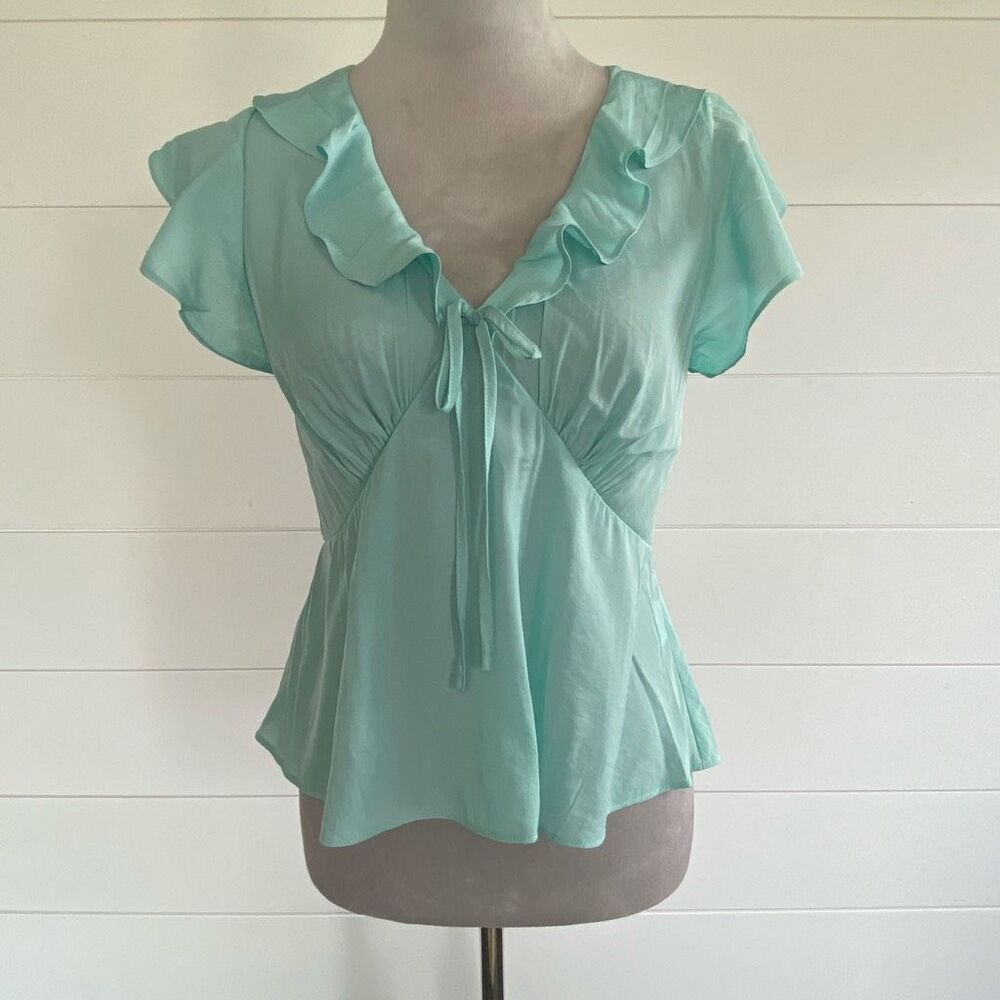 Rose & Olive Light Aqua Ruffle Tie-Front Women's Top Sz XS NWT/001